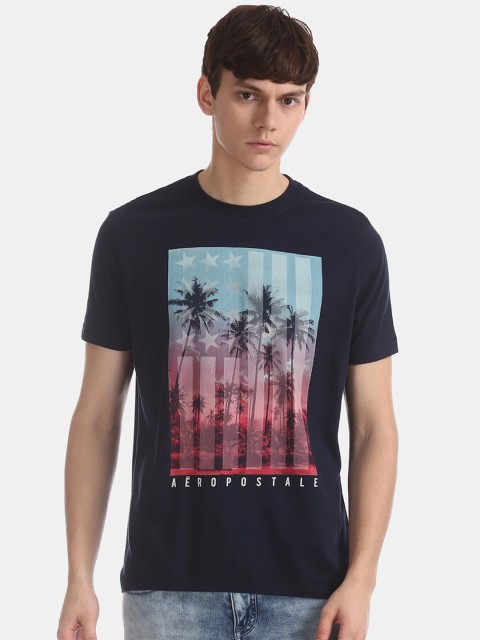 

Aeropostale Men Navy Blue Printed Round Neck Pure Cotton T-shirt