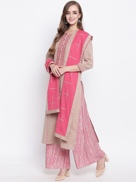

Kvsfab Women Beige & Pink Embroidered Kurta with Palazzos & Dupatta