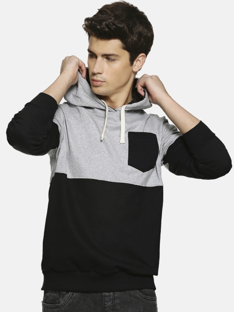 

Campus Sutra Men Black & Grey Colourblocked Hooded Sweatshirt