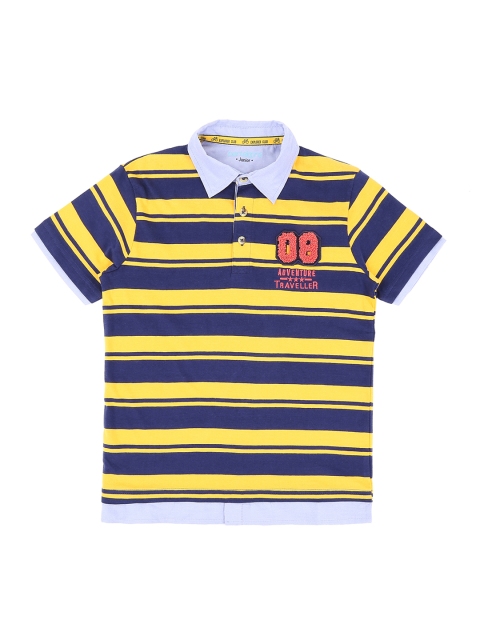 

Pantaloons Junior Boys Yellow Blue Striped Polo Collar Pure Cotton T-shirt