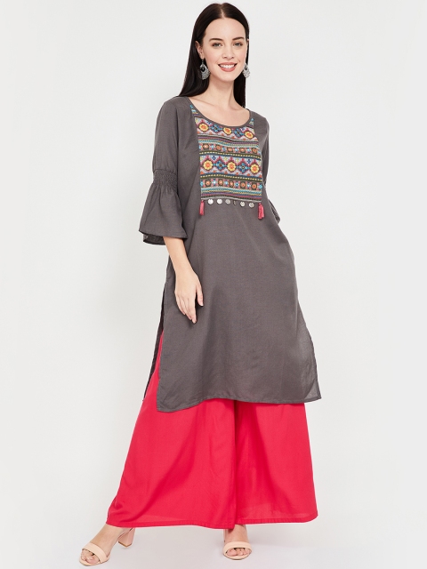 

Melange by Lifestyle Women Grey & Yellow Yoke Design Straight Kurta