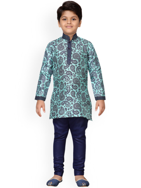 

Kidling Boys Green & Navy Blue Printed Kurta with Pyjamas