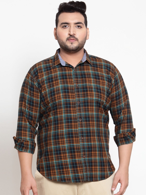 

plusS Men Navy Blue & Orange Regular Fit Checked Casual Shirt