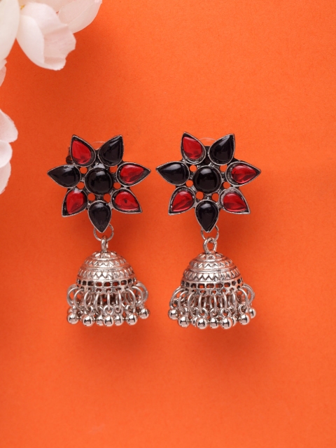 

Moedbuille Silver-Plated & Oxidised Star Shaped Jhumkas, Red