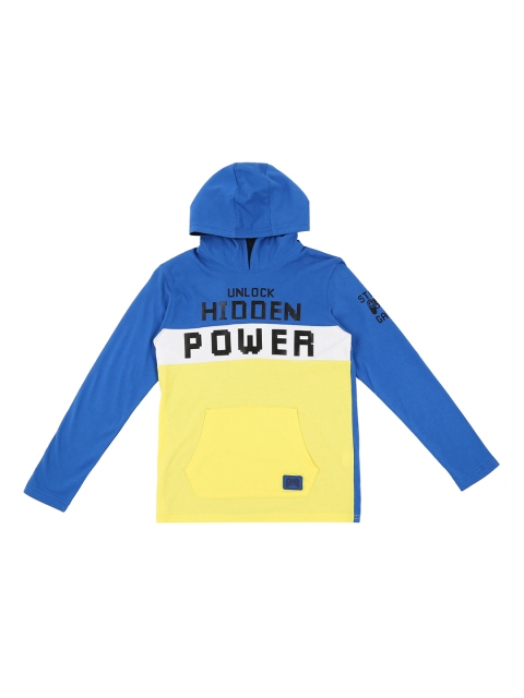 

Pantaloons Junior Boys Blue Yellow Colourblocked Hood Pure Cotton T-shirt
