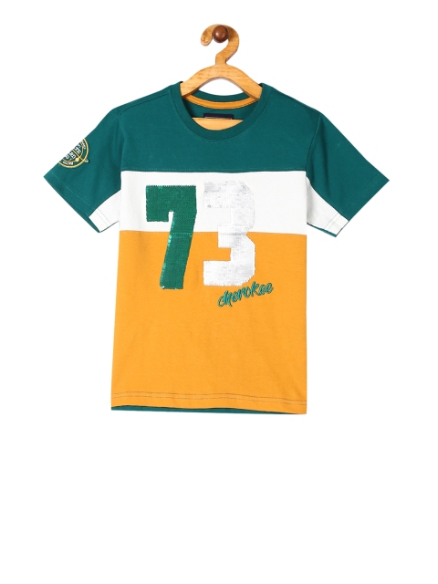 

Cherokee Boys Green & Mustard Yellow Colourblocked Round Neck T-shirt
