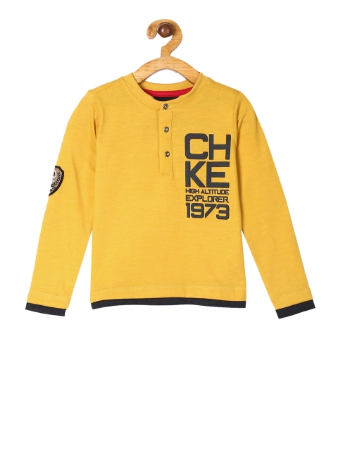 Cherokee Boys Yellow and Black Printed Henley Neck Pure Cotton T-shirt