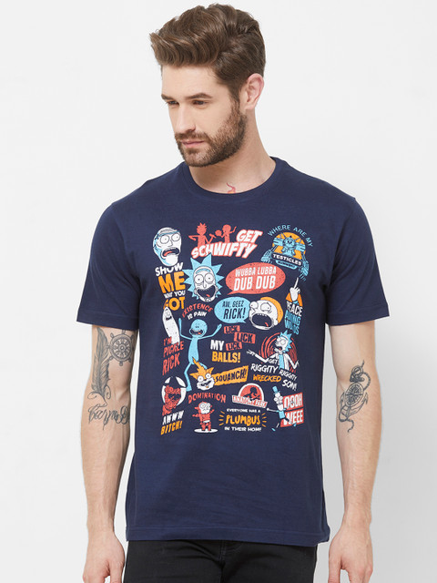 

Redwolf Men Navy Blue Rick & Morty Printed Round Neck T-shirt