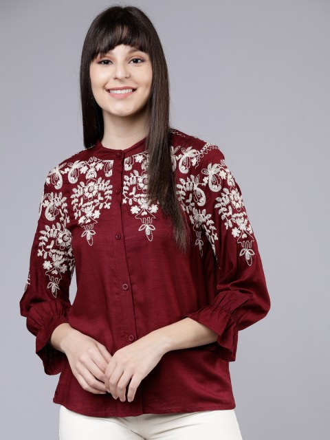 

Tokyo Talkies Women Maroon Embroidered Top