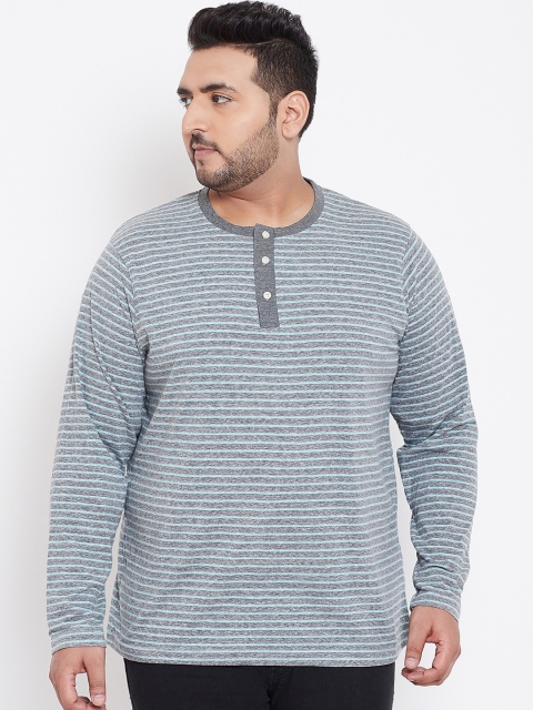 

bigbanana Plus Size Men Grey Blue Striped Henley Neck Bio Finish T-shirt