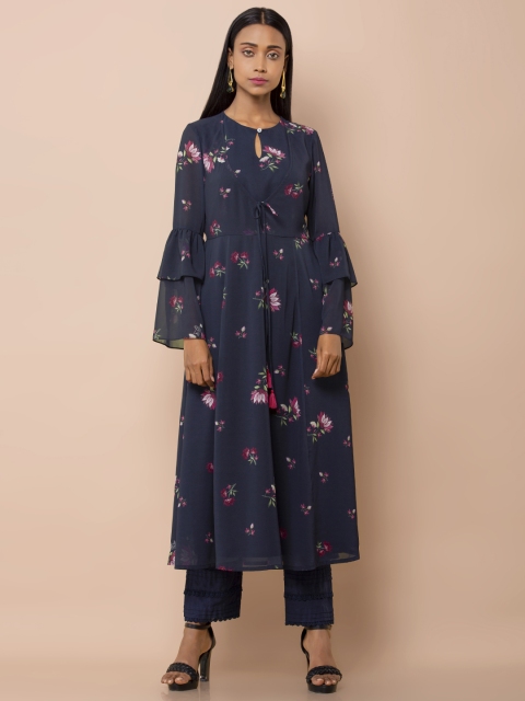 

INDYA Women Blue & Pink Printed A-Line Kurta