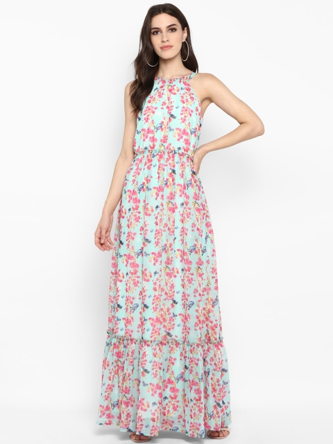 

MIAMINX Women Sea Green & Pink Printed Maxi Dress