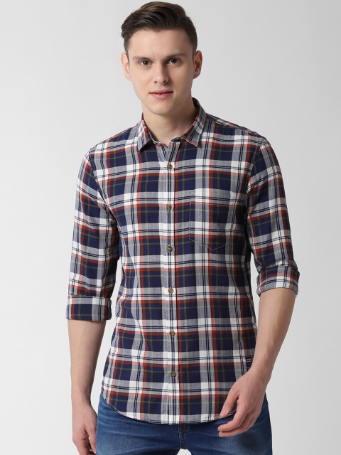 Peter England Casuals Men Navy Blue & White Slim Fit Checked Casual Shirt