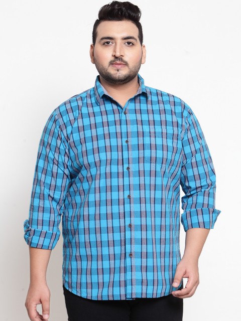

plusS Men Turquoise Blue Regular Fit Checked Casual Shirt