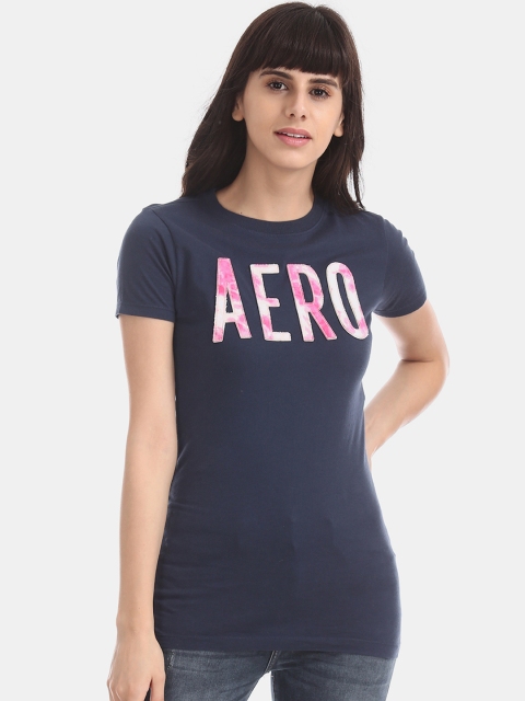 

Aeropostale Women Blue Printed Round Neck Pure Cotton T-shirt