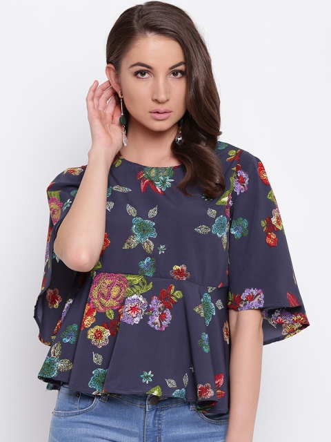 

Mayra Women Navy Blue Floral Print Peplum Top
