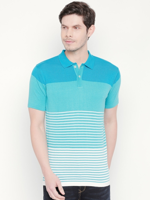 

BYFORD by Pantaloons Men Green Striped Polo Collar Pure Cotton T-shirt