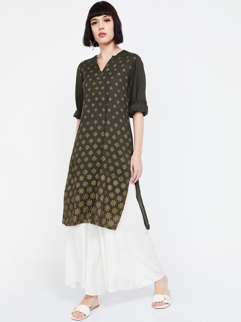 

Melange by Lifestyle Women Olive Green Printed Straight Kurta