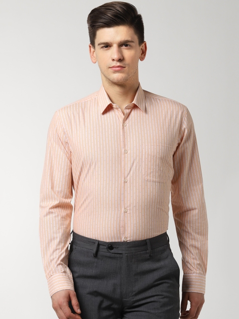

Peter England Men Peach-Coloured & White Regular Fit Striped Formal Shirt