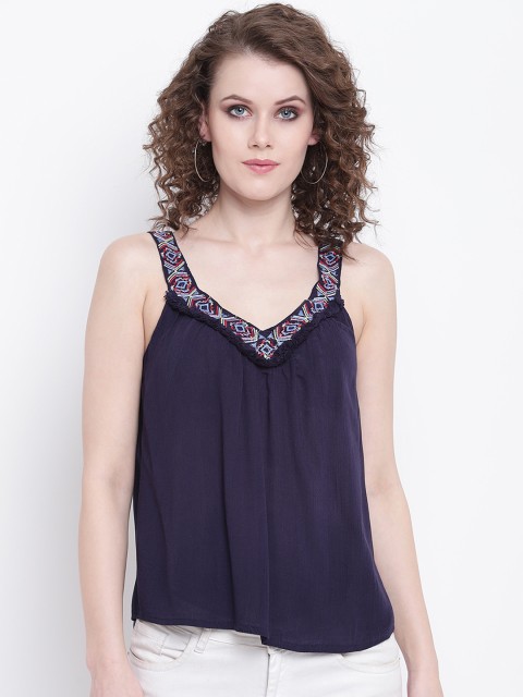 

Mayra Women Navy Blue Solid Embroidered A-Line Top