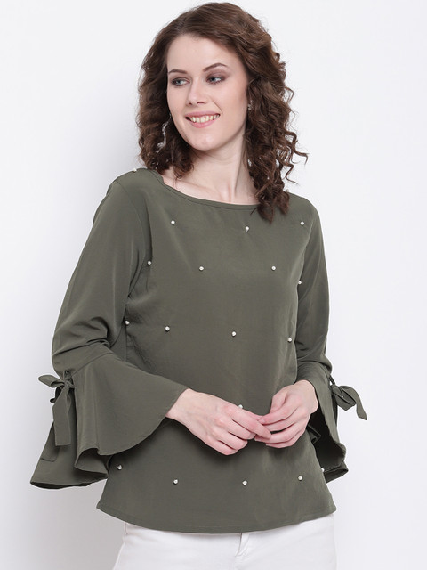 

Mayra Women Olive Green Embellished Regular Top