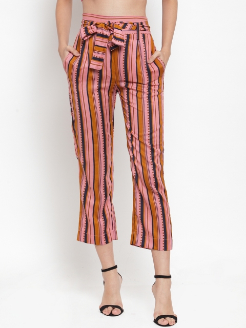 

Aujjessa Women Pink & Brown Regular Fit Striped Cigarette Trousers