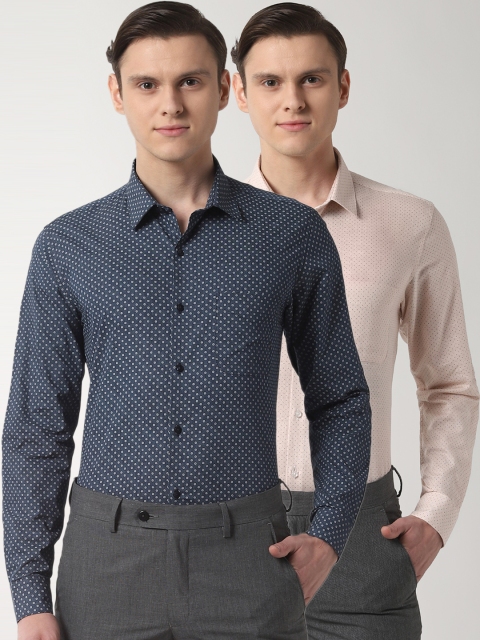 

Peter England Men Pack Of 2 Slim Fit Printed Formal Shirts, Blue