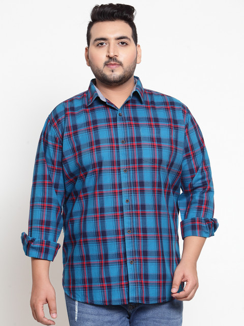 

plusS Men Turquoise Blue Regular Fit Checked Casual Shirt