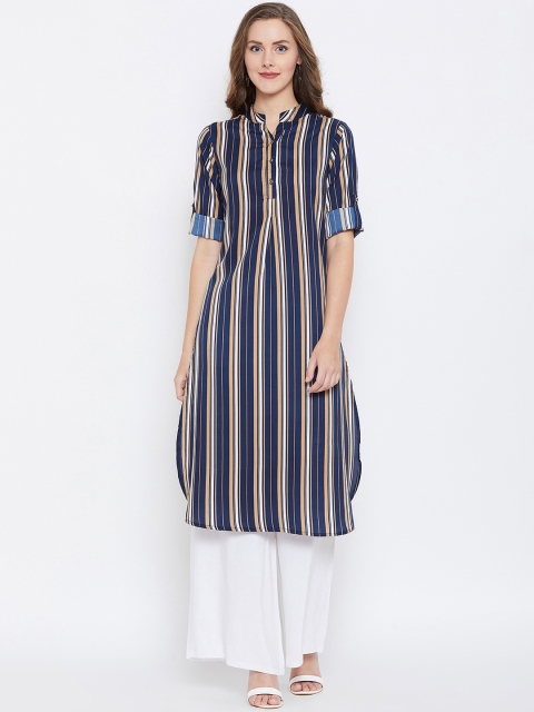 

Aask Women Multicoloured Striped Straight Kurta, Navy blue