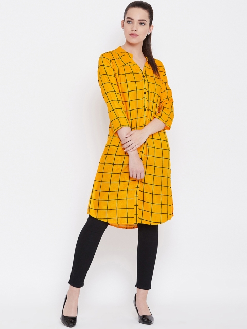

FIZERA Women Mustard Yellow & Black Checked Straight Kurta