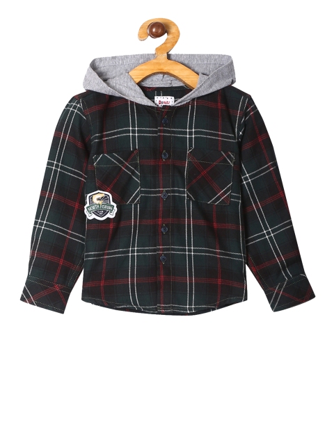 

Donuts Boys Green & Red Regular Fit Checked Hooded Casual Shirt