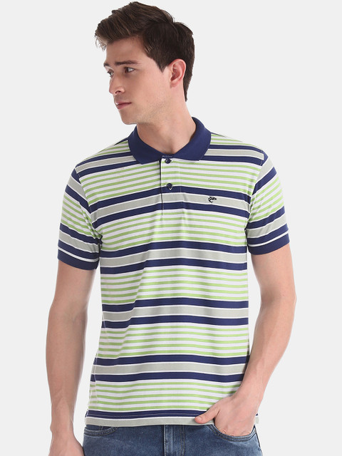 

Ruggers Men Green & Navy Blue Striped Polo Collar T-shirt