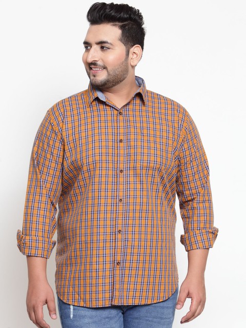 

plusS Men Yellow & Navy Blue Regular Fit Checked Casual Shirt