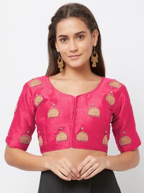 Mirchi Fashion Women Pink & Gold-Coloured Woven Design Readymade Saree Blouse