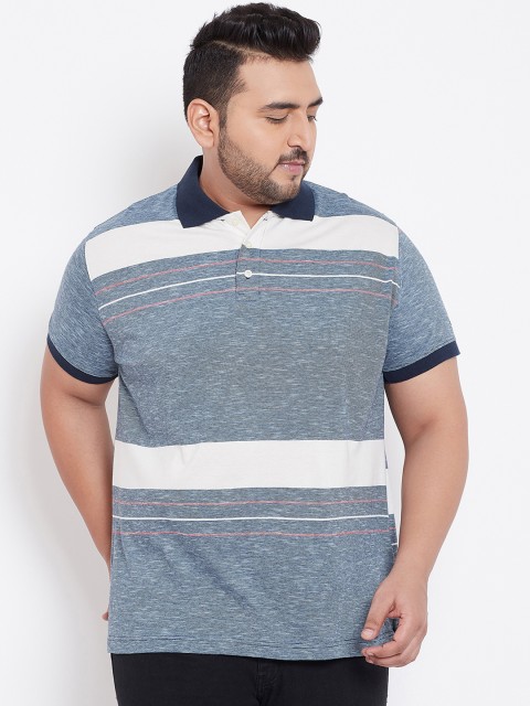 bigbanana Plus Size Men Grey White Striped Polo Collar Bio Finish T-shirt