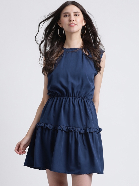 

AkaAyu Women Blue Solid Blouson Dress