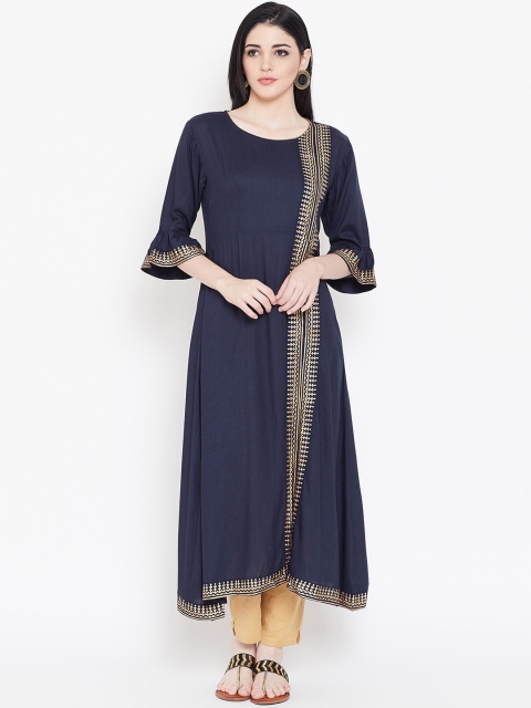 

studio rasa Women Navy Blue & Gold-Toned Block Printed Kurta with Trousers