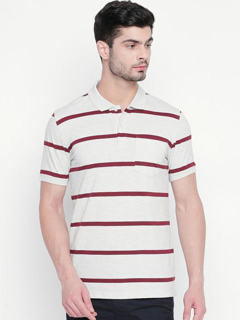 

BYFORD by Pantaloons Men Off-White & Maroon Striped Polo Collar T-shirt