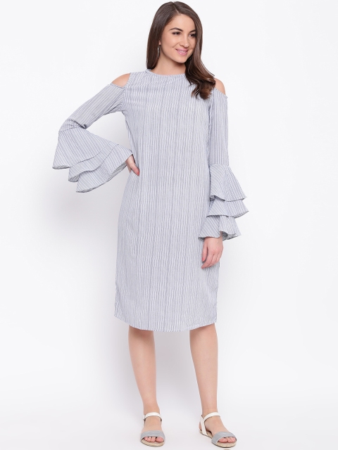 

Mayra Women White & Blue Striped A-Line Dress