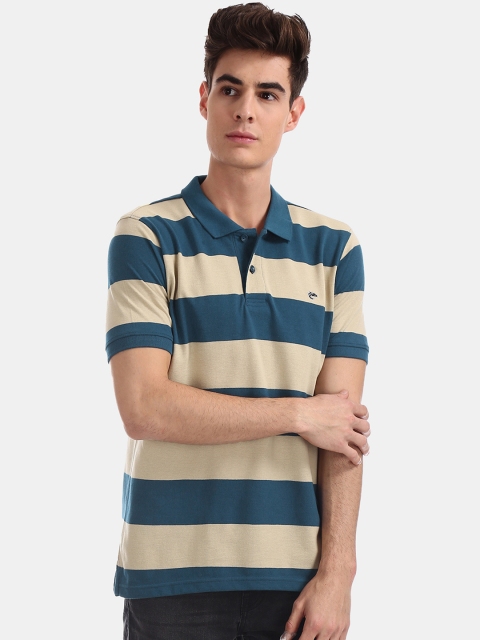 

Ruggers Men Blue & Beige Striped Polo Collar T-shirt