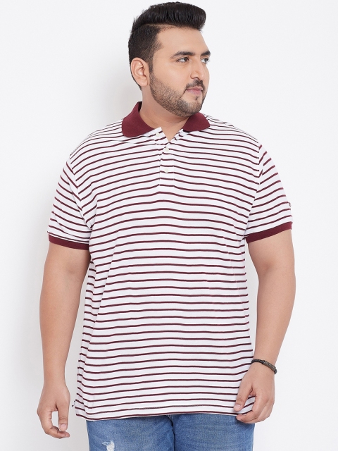 

bigbanana Plus Size Men White Maroon Striped Polo Collar Bio Finish T-shirt