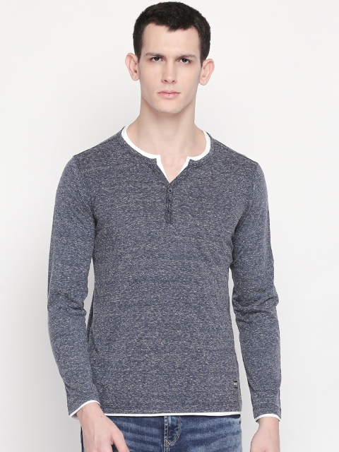 

Urban Ranger by pantaloons Men Blue Melange Solid Henley Neck T-shirt