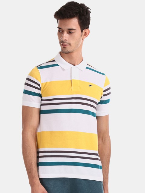 

Ruggers Men Yellow & White Striped Polo Collar T-shirt