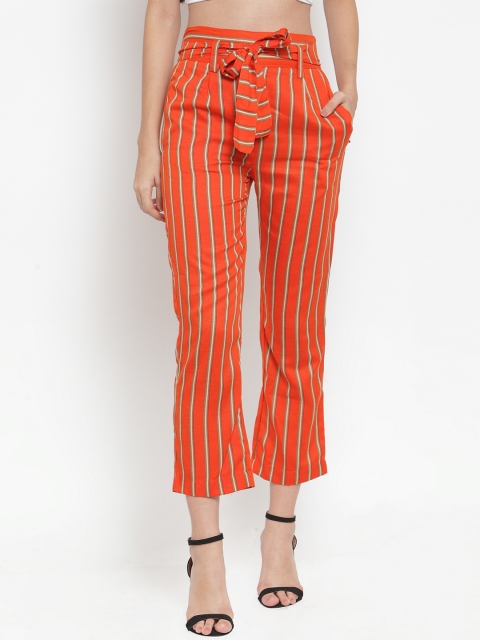 

Aujjessa Women Orange & Beige Regular Fit Striped Cigarette Trousers