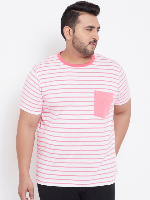 

bigbanana Plus Size Men White Pink Striped Round Neck Bio Finish T-shirt