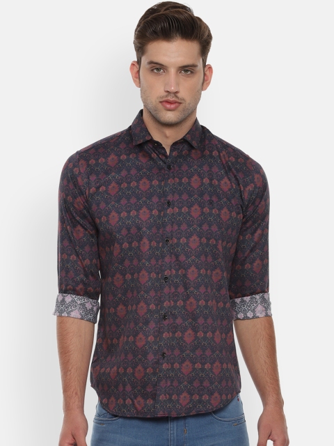 

V Dot Men Navy Blue & Pink Slim Fit Printed Casual Shirt