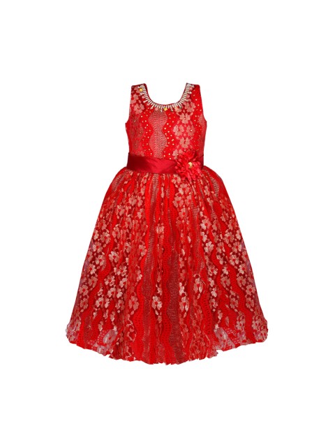 

Wish Karo Girls Red Self Design Fit and Flare Dress