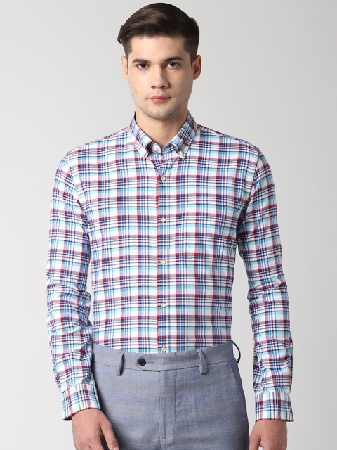 

Peter England Men White & Blue Slim Fit Checked Formal Shirt