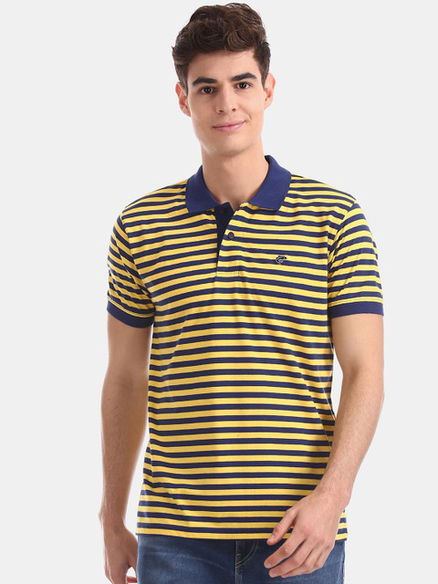 

Ruggers Men Yellow & Navy Blue Striped Polo Collar T-shirt