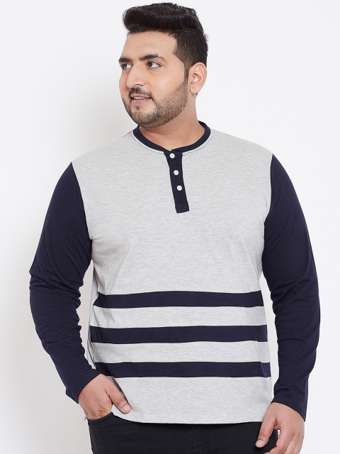 

bigbanana Plus Size Men Grey Navy Blue Striped Henley Neck T-shirt